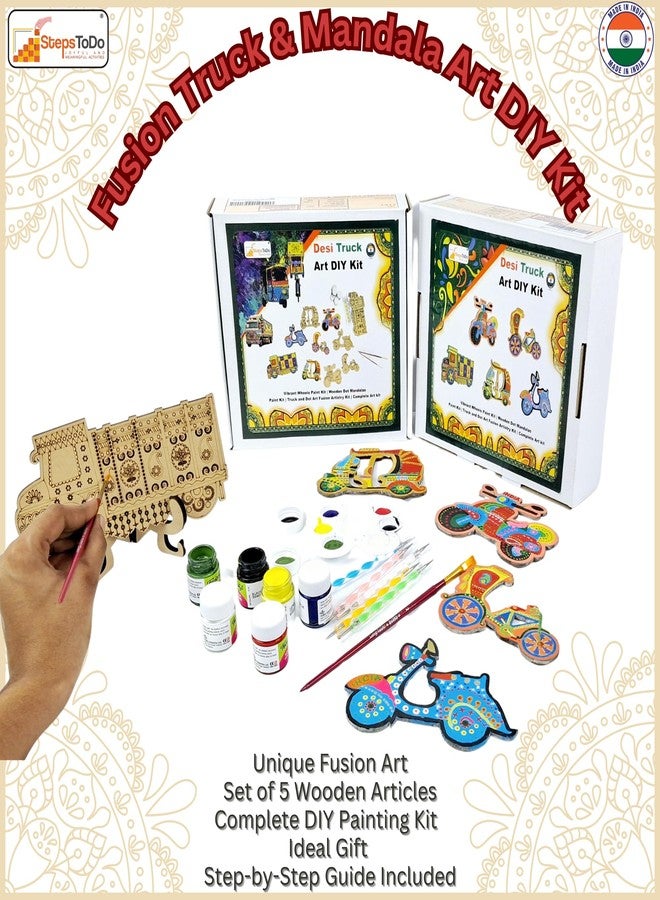 StepsToDo Mandala & Truck Art Kit | Vibrant Indian Art Fusion | Set of 5 Premium Wooden Pre-Engraving Cutout with Acrylic Colors, Mandala Tools, Painting/Display Stand. DIY Fridge Magnets. - Image 2